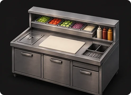 Een roestvrijstalen afwerkings- en voorbereidingscounter met verse groenten, sauzen, een snijplank, opbergcompartimenten en georganiseerde ingrediëntenbakken.