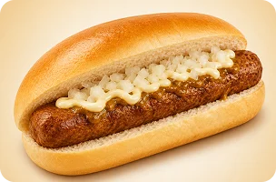 Een zachte broodje gevuld met een Nederlandse frikandel, getopt met mayonaise, currysaus en fijngehakte uien.