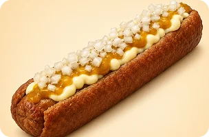 Een klassieke Nederlandse frikandel, getopt met romige mayonaise, currysaus en fijngehakte uien.