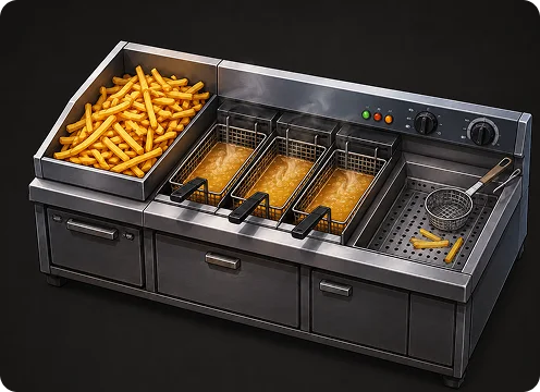 Een professionele frituurlijn van roestvrij staal met meerdere frituurmanden, een warmhoudsectie voor frietjes en ingebouwde bedieningselementen voor de bereiding van fastfood.