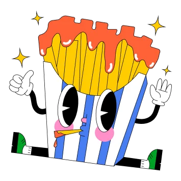 Een vrolijke cartoondoos frietjes met grote expressieve ogen, witte handschoenen en kleurrijke details.