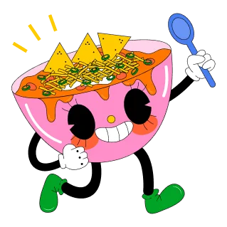 Een speelse roze kom nacho's, getopt met kaas, kruiden en sauzen, geïllustreerd als een lachend cartoonfiguur.