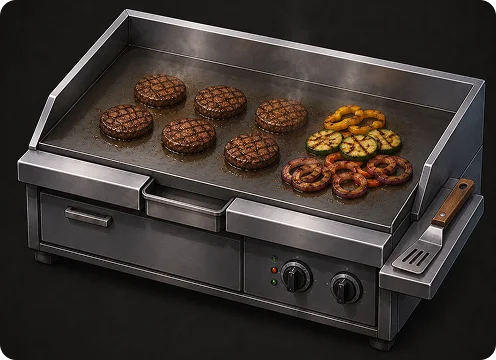 Een grote commerciële bakplaat van roestvrij staal met hamburgerpatty's, gegrilde groenten, uien en een spatel, ontworpen voor hoogvolume koken.