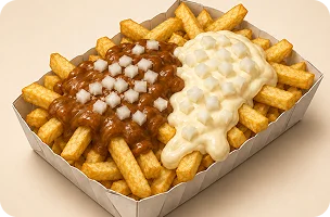Nederlandse frietjes geserveerd met pinda saus, mayonaise en gehakte uien in een papieren bakje.