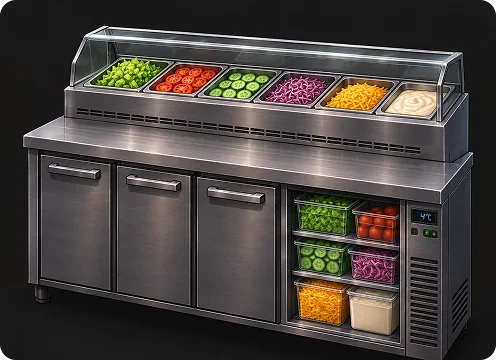 Een gekoelde roestvrijstalen voorbereidingscounter met verse ingrediënten, ingebouwde koude opslag, meerdere kasten en een temperatuurweergave.